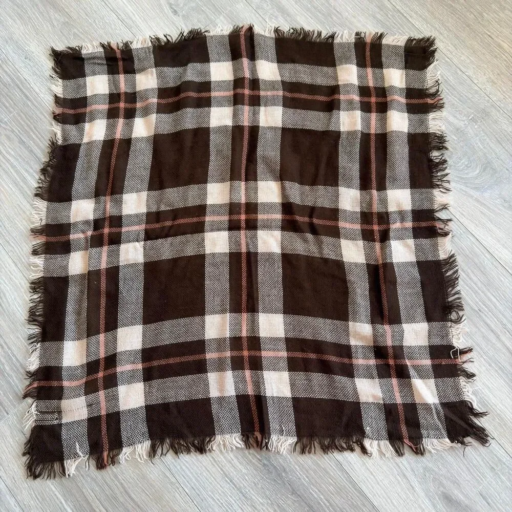 Unbranded Vintage Women's Chocolate Brown Cream & Pink Plaid Scarf Equestrian